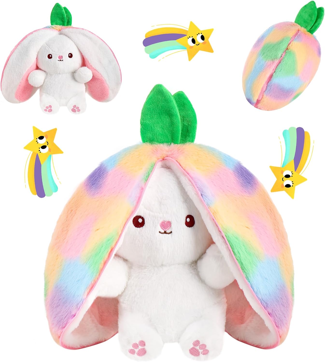 MIAODAM Bunny Stuffed Animal Reversible Cuddle Bunny Stuffed,Strawberry Bunny Transformed Rabbit Plush Zipper,Turns Into Ears Bunnies Plushies Toy Cute Stuffy Doll Easter Girlfriend Gift