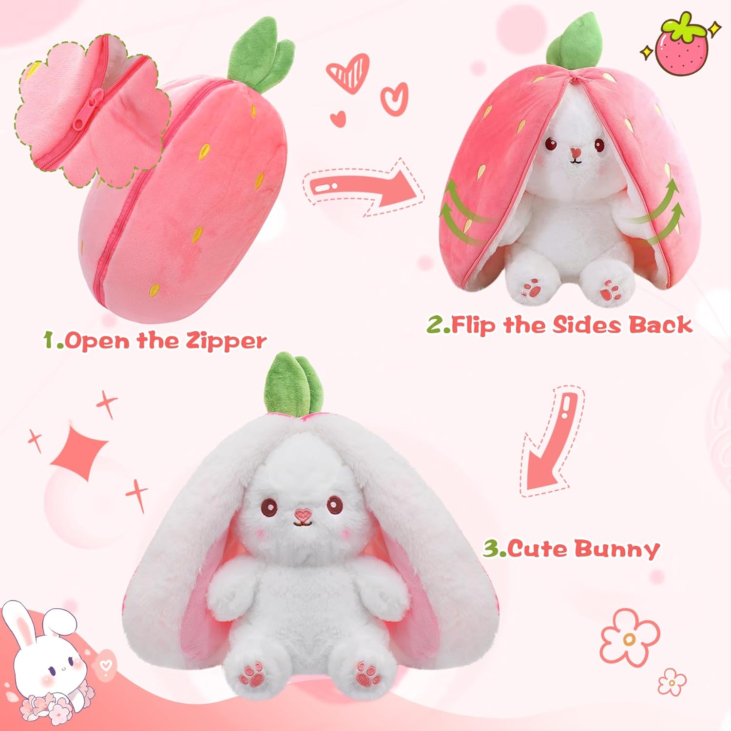 MIAODAM Bunny Stuffed Animal Reversible Cuddle Bunny Stuffed,Strawberry Bunny Transformed Rabbit Plush Zipper,Turns Into Ears Bunnies Plushies Toy Cute Stuffy Doll Easter Girlfriend Gift