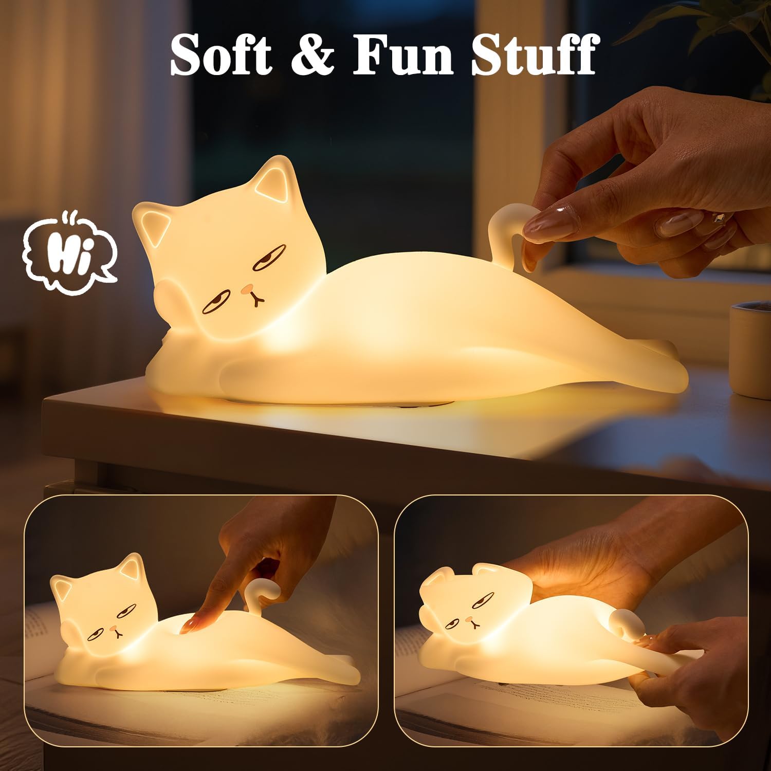 Lying Flat Cat Lamp Funny Gifts, 16 Colors+5 Dimming+Silicone Random Stuff, Touch+Remote+Recharge Night Light for Kids, Cool Lamp Unique Lamps Cute Weird Stuff, Cat Gifts for Teen Girls/Adults/Kids