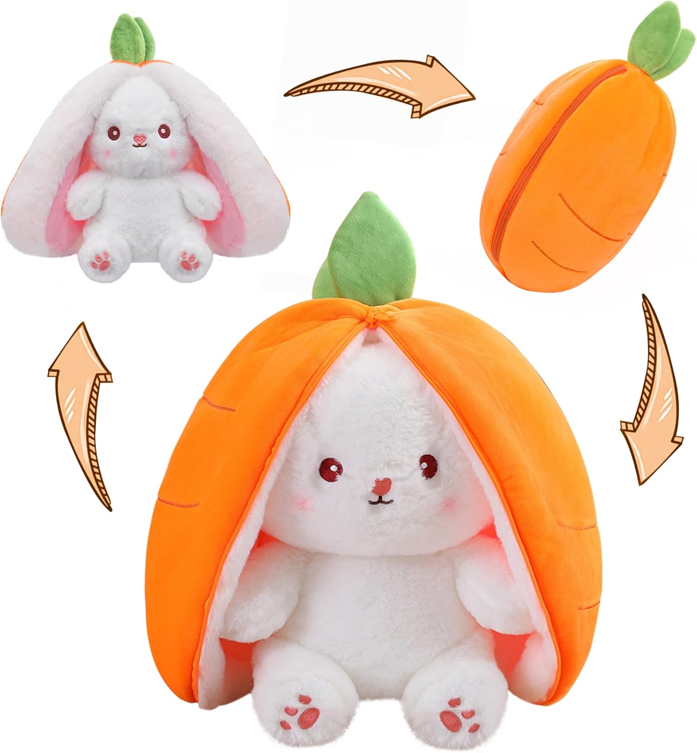 MIAODAM Bunny Stuffed Animal Reversible Cuddle Bunny Stuffed,Strawberry Bunny Transformed Rabbit Plush Zipper,Turns Into Ears Bunnies Plushies Toy Cute Stuffy Doll Easter Girlfriend Gift