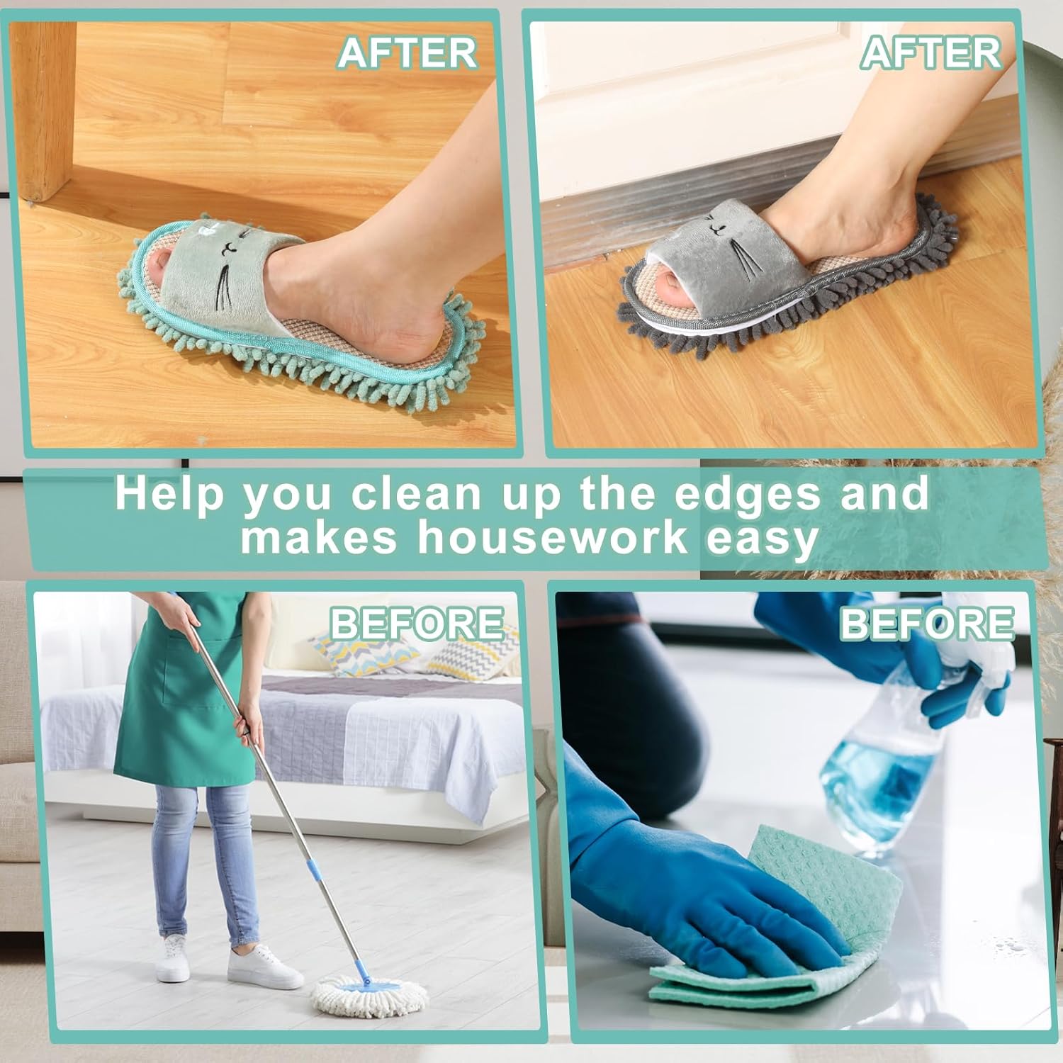 Wesiti 4 Pairs Washable Mop Slippers Microfiber Funny Mop Shoes Floor Cleaning Slippers for Women Home Floor
