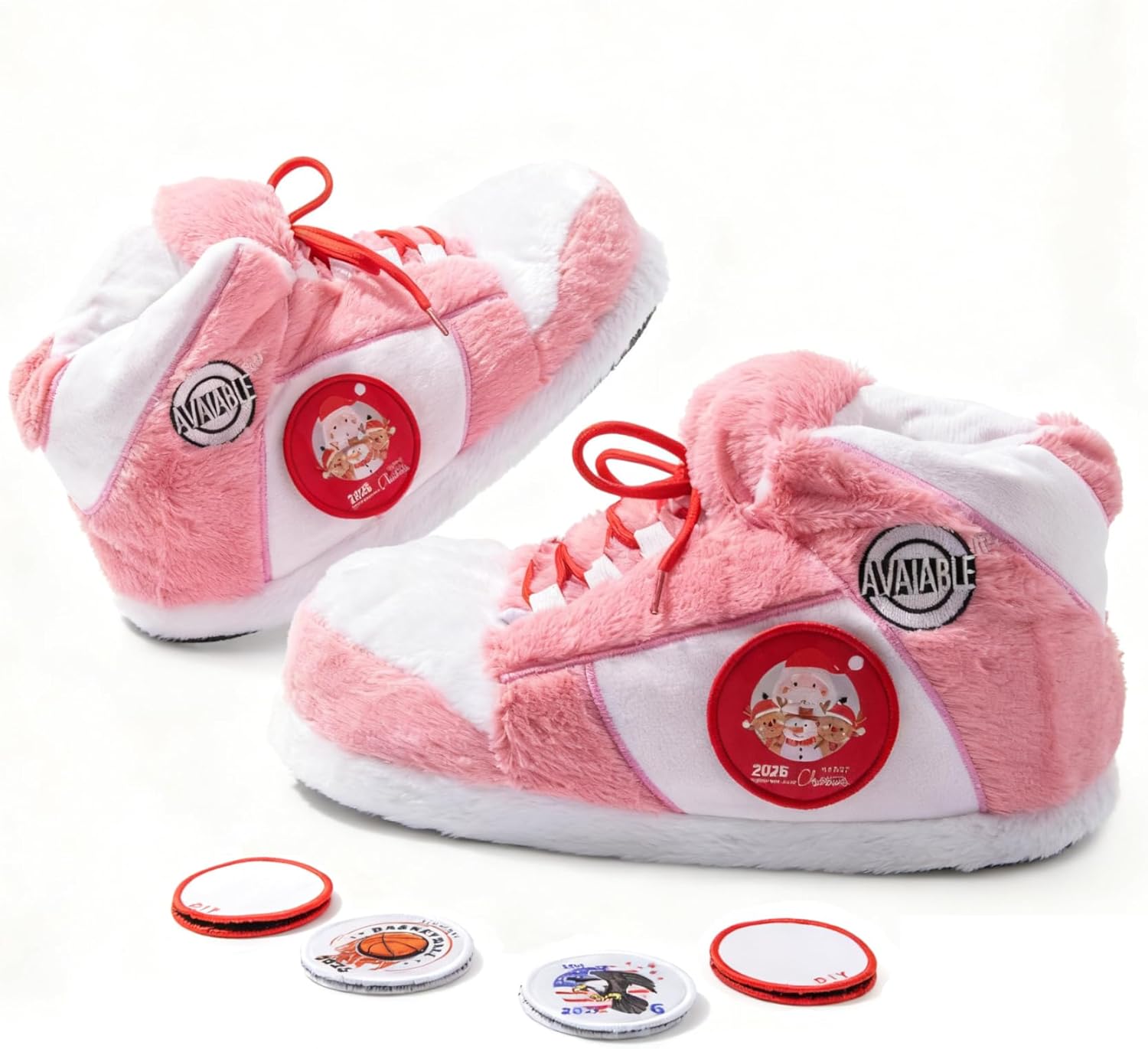 Sneaker Slippers, Funny Home Pantuflas for Women & Men Comfy Furry Warm Fluffy, Non Slip Sole, Unisex One Size Fits Most, With 5 Pairs Replaceable Decor Embroidered Patches