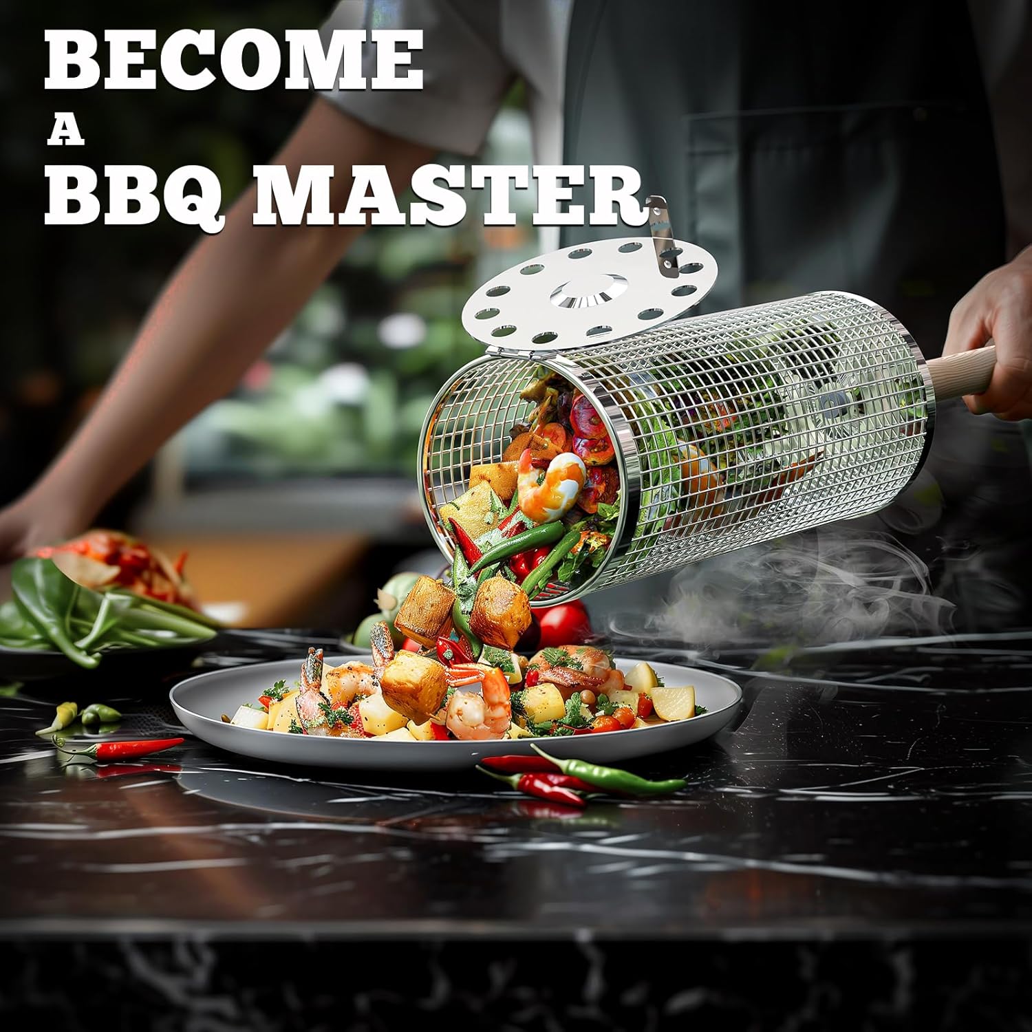 Rolling Grill Basket, Removable Wooden Handle, 304 Stainless Steel, Nesting BBQ Tools, Smoker Grilling Accessories for Vegetable, Outdoor Cooking Camping, Birthday Gifts for Men Dad Husband