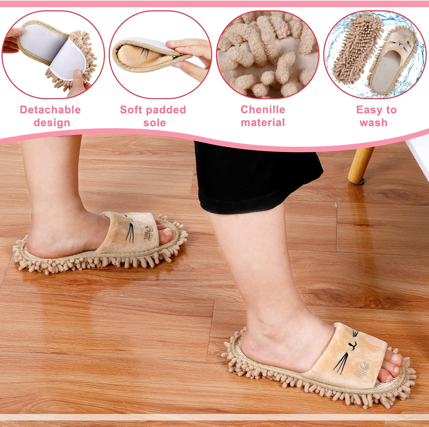 Wesiti 4 Pairs Washable Mop Slippers Microfiber Funny Mop Shoes Floor Cleaning Slippers for Women Home Floor(Novel,Pink, Nude)