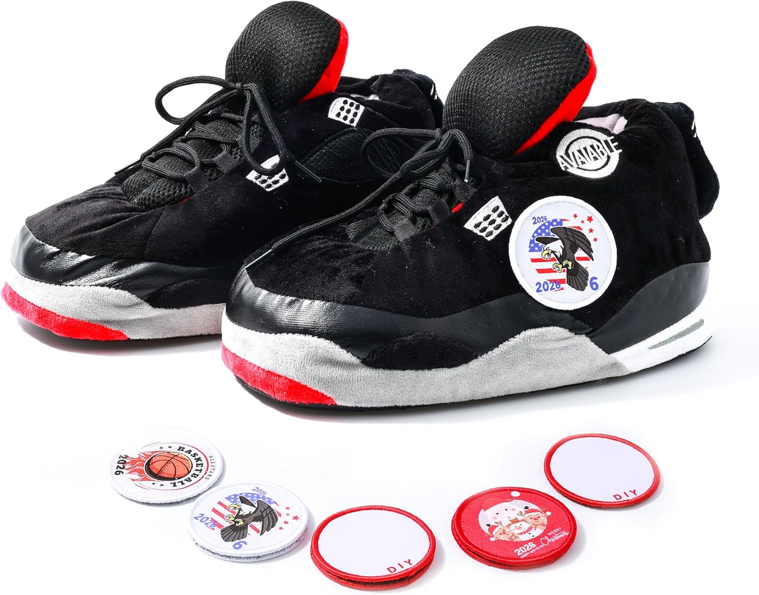 Sneaker Slippers, Funny Home Pantuflas for Women & Men Comfy Furry Warm Fluffy, Non Slip Sole, Unisex One Size Fits Most, With 5 Pairs Replaceable Decor Embroidered Patches