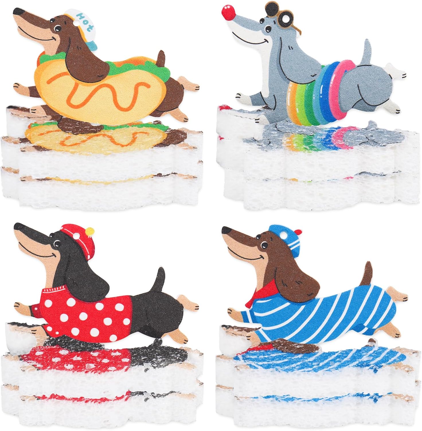 12 Pcs Dog Dish Sponges Water Absorbing Kitchen Scrub Sponges Funny Cartoon Dachshund Animal Dish Washing Cleaning Reusable Sponge for Party Home Restaurant Supplies