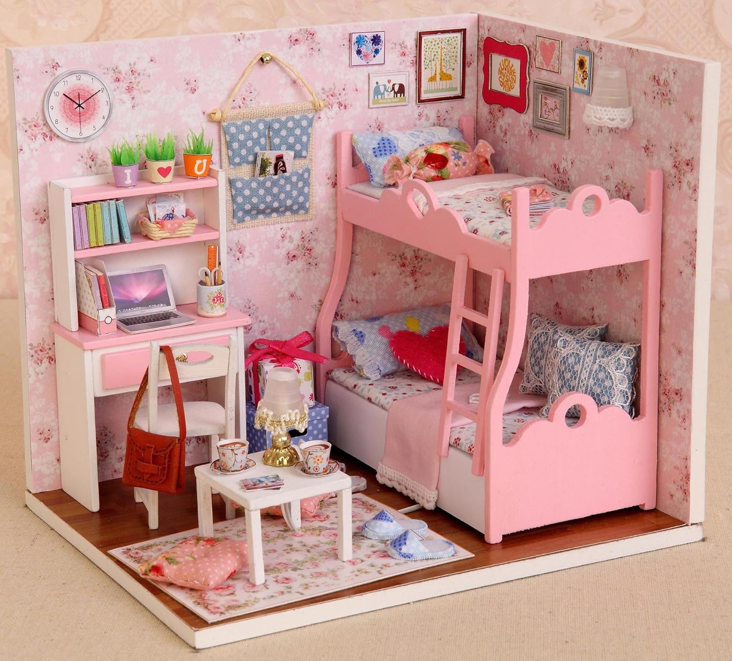 Ogrmar Wooden Dollhouse Miniatures DIY House Kit with Cover and Led Light-Blossom Age