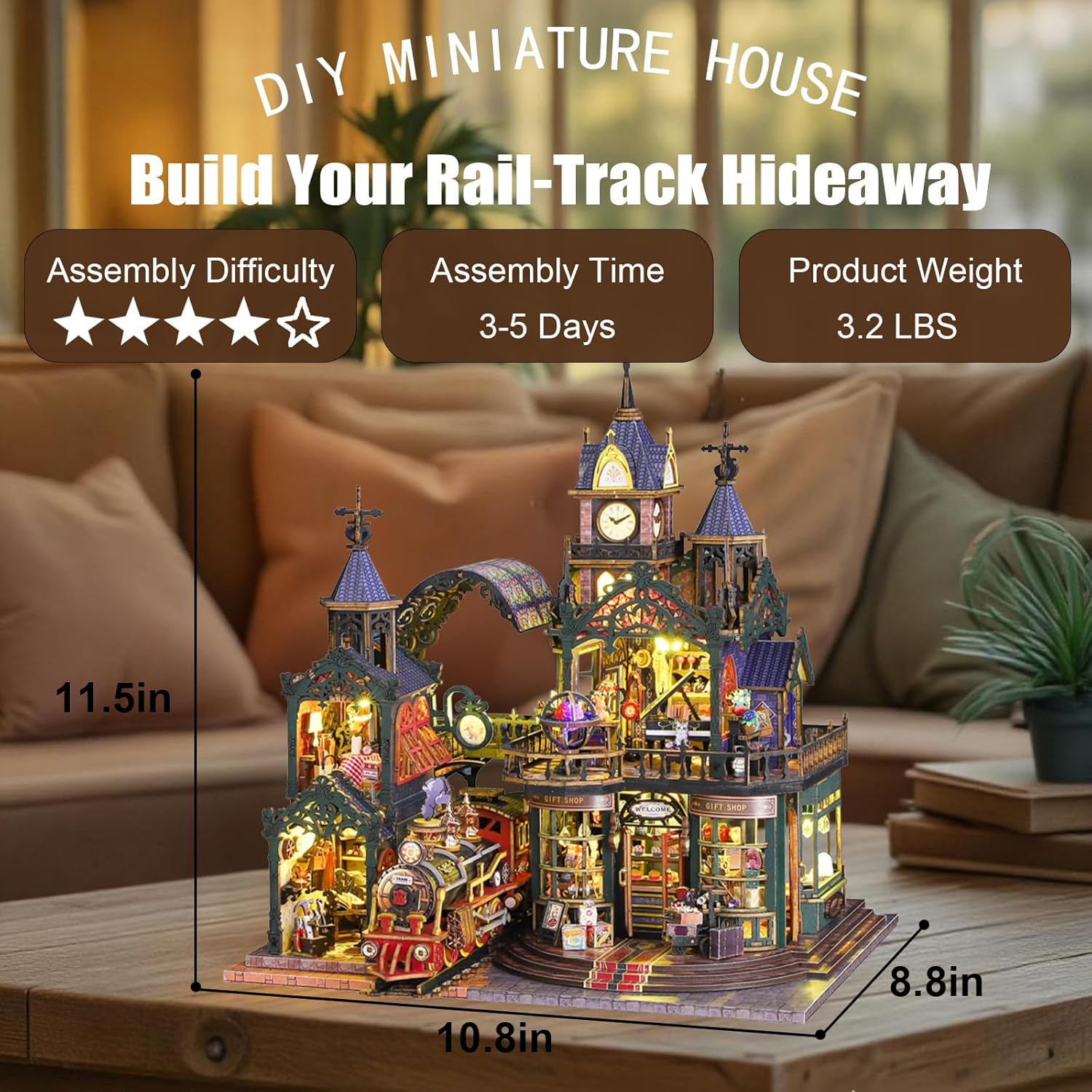 Miniature House Kit, Miniature Kit with Steam Train, Dollhouse Kit for Adults Teen, Mini House Building Kit for Birthday, Rail-Track Secluded City