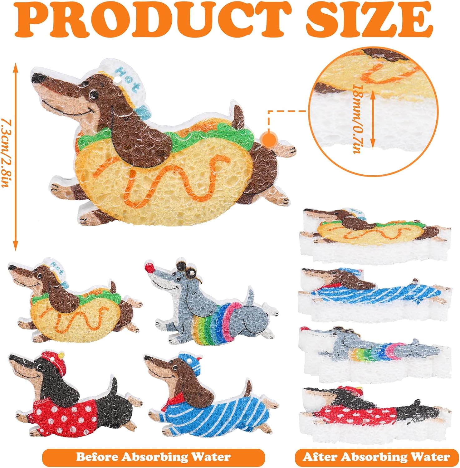 12 Pcs Dog Dish Sponges Water Absorbing Kitchen Scrub Sponges Funny Cartoon Dachshund Animal Dish Washing Cleaning Reusable Sponge for Party Home Restaurant Supplies