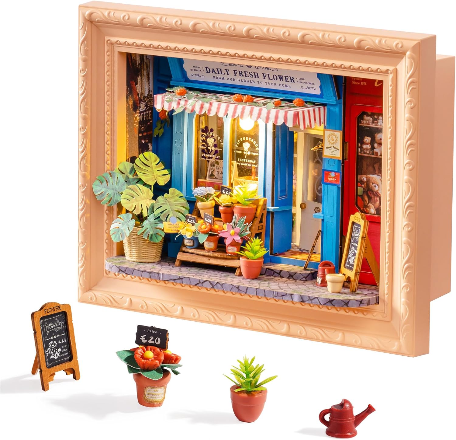 Rolife DIY Miniature House Kit, Mini Wooden Dollhouse Kit for Adults to Build, 3D Shadow Box Frame Home Wall Hanging Decor Diorama Kit, for Girls Women Teens-Daily Fresh Flower