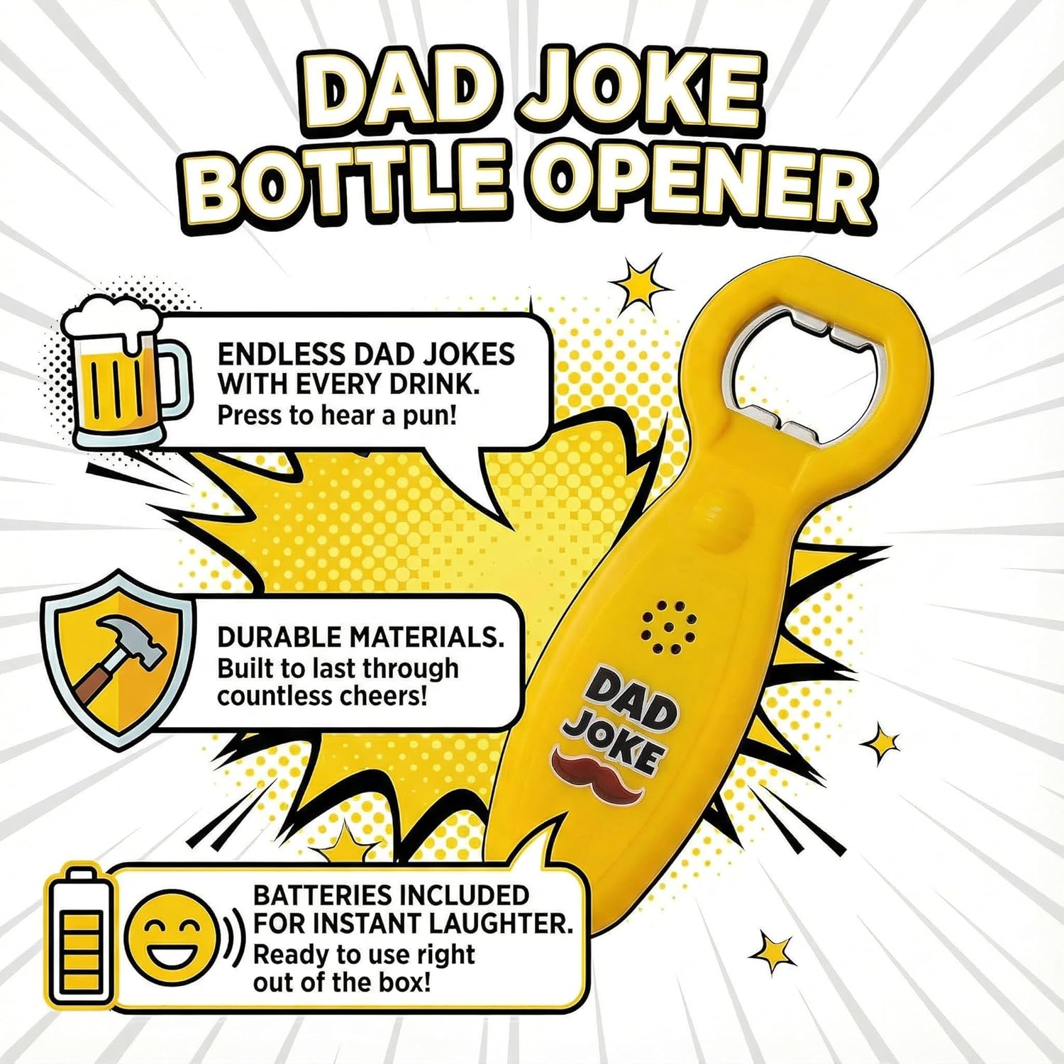 Funny Dad Joke Bottle Opener – Talking Bottle Opener with Classic Dad Jokes | Best Gift for Dad, Men, Him | Stocking Stuffer, Christmas, Father’s Day