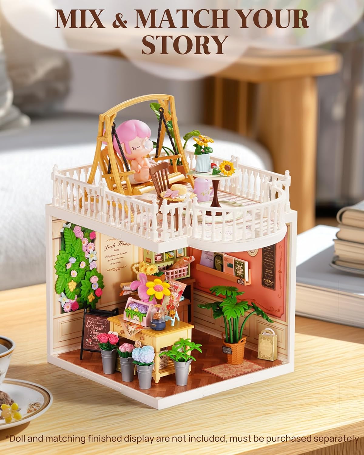 Rolife Super Creator Accessories Sunny Break Terrace, Tiny House Building Blocks for Little Dolls, DIY Plastic House Model Building Kits for Teens, DIY Crafts/Hobbies for Adults (Sunny Break Terrace)