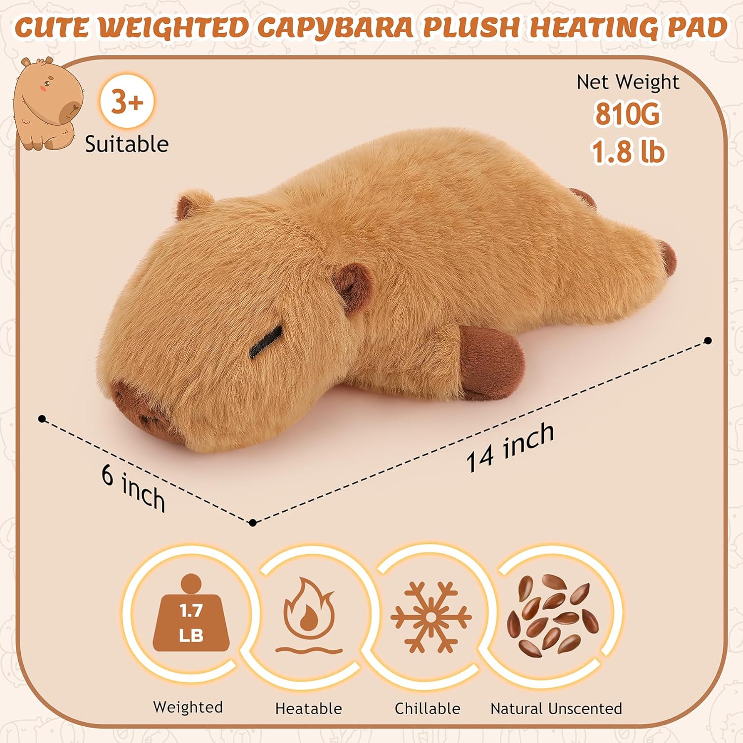 1.8lb Capybara Microwavable Heating Pad-14'' Cuddly Capybara Heating Pads for Cramps &Period Pain Relief for Women,Heatable & Coolable Stuffed Animals Bedtime Birthday Gift for Women Kids