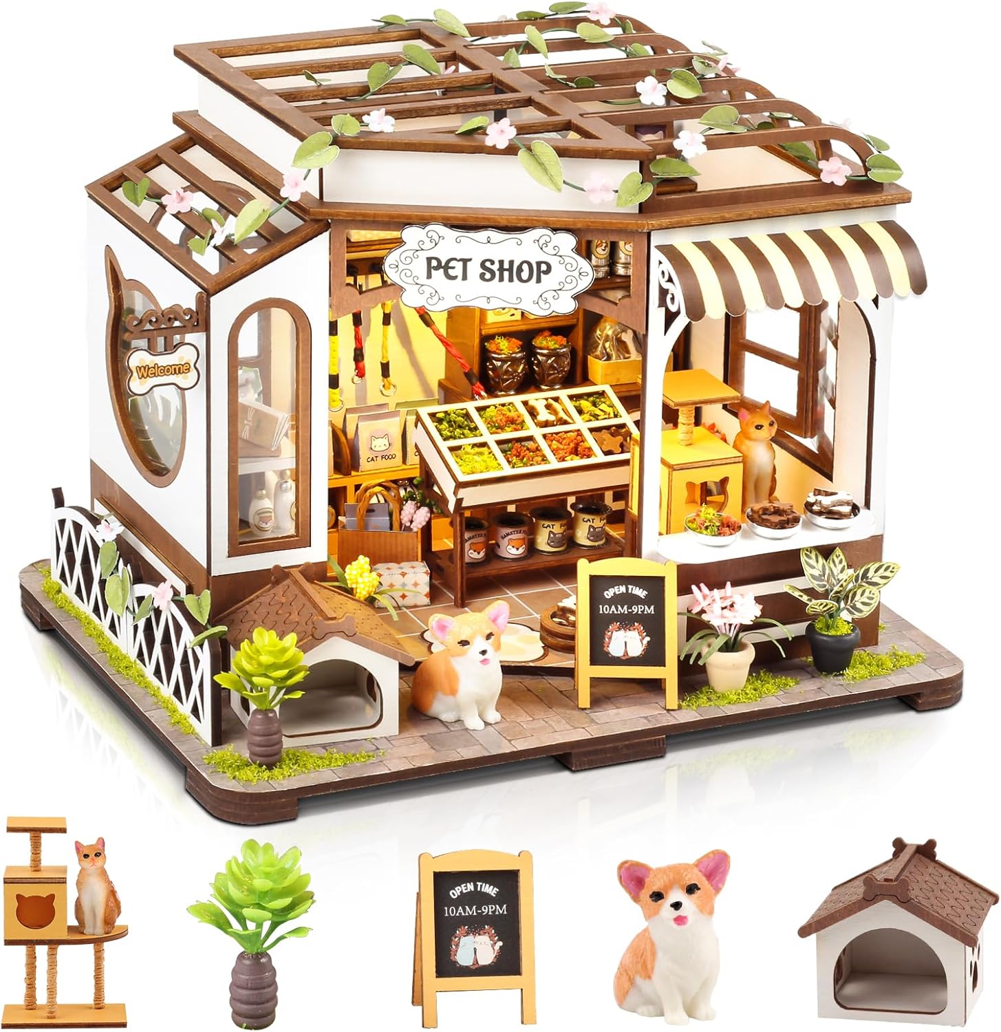DIY Miniature House Kit,Tiny House Pet Shop with Furniture & LED,DIY Dollhouse Miniature Kit for Adults Teen,Mini House Building kit,3D Wooden Craft Mini Model Kit,Birthday Gifts Home Decor