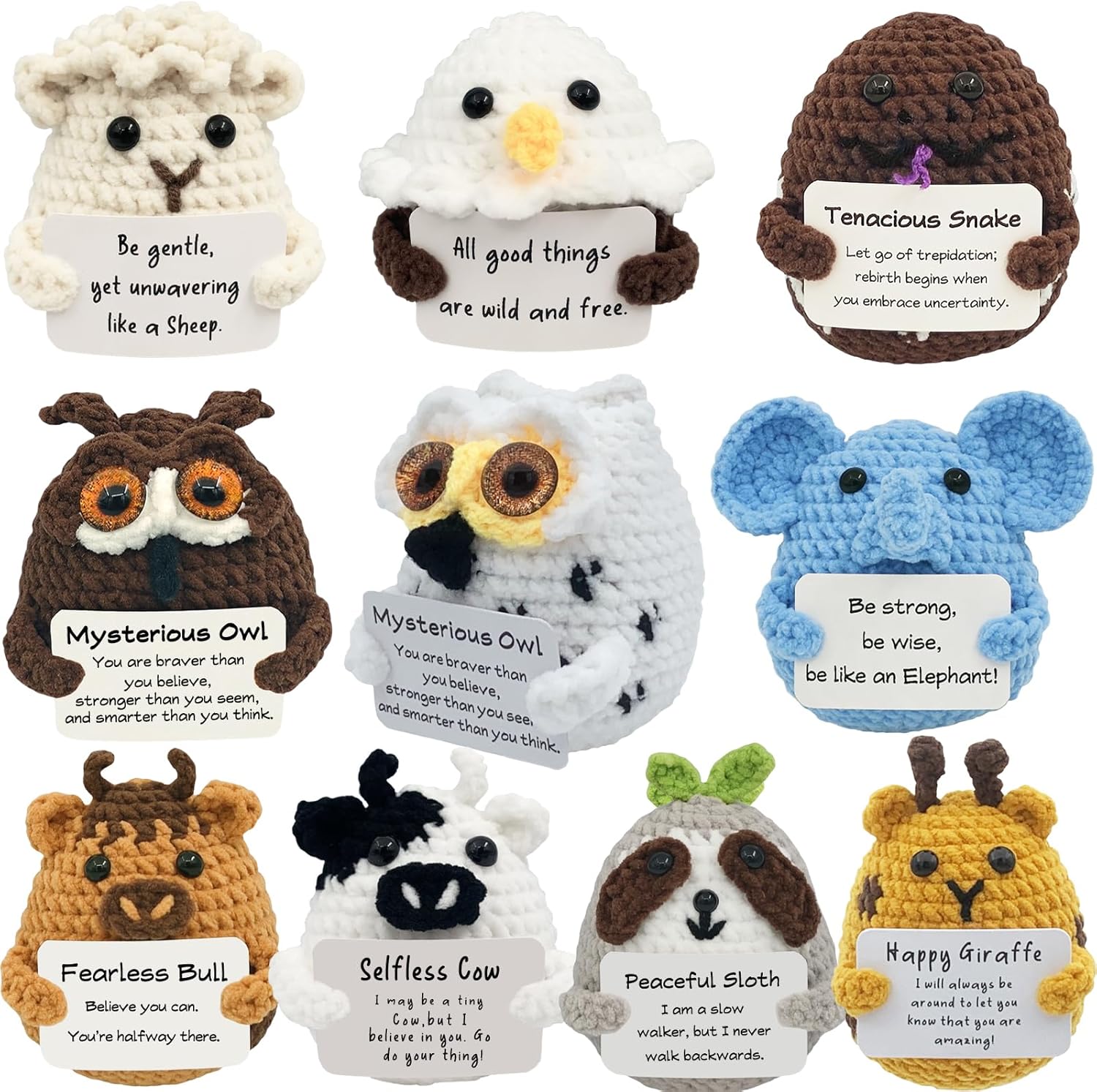 10pcs Positive Crochet Mini Animals Bulk Valentines Day Birthday Gifts for Women Kids Adults Coworkers Men Teens Handmade Employee Teacher Staff Appreciation Thank You Gift Small Cute Toy