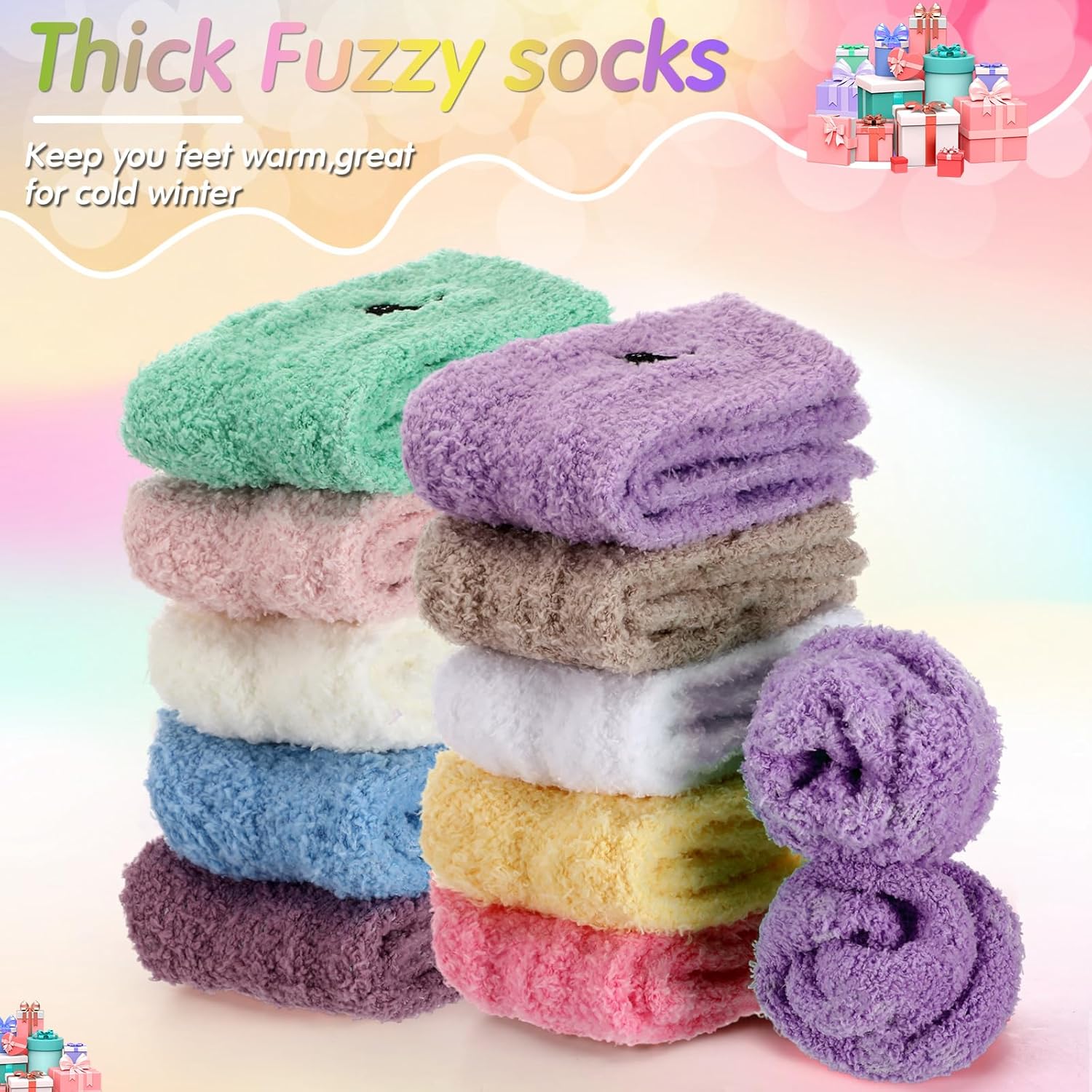 10 Pairs Womens Fuzzy Socks Soft Thick Fluffy Cozy Slipper Socks Cute Winter Warm Plush Sleeping Gifts for Women