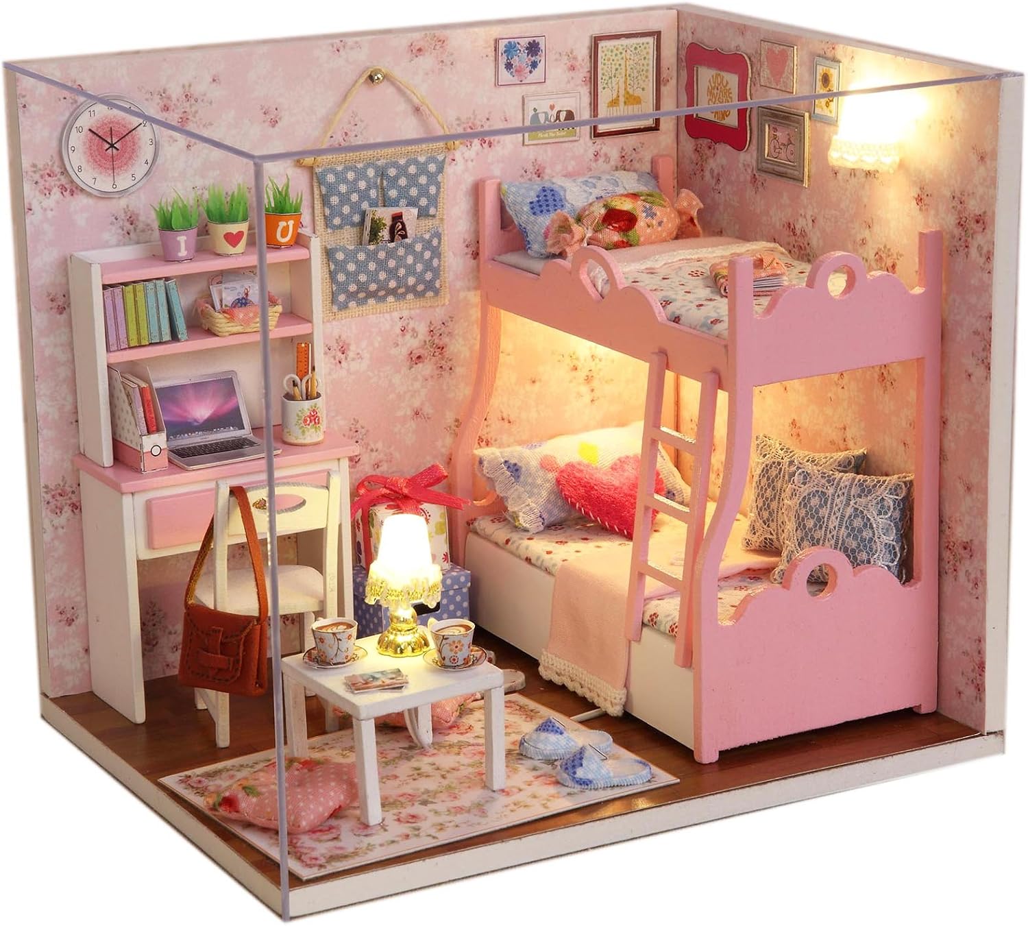 Ogrmar Wooden Dollhouse Miniatures DIY House Kit with Cover and Led Light-Blossom Age