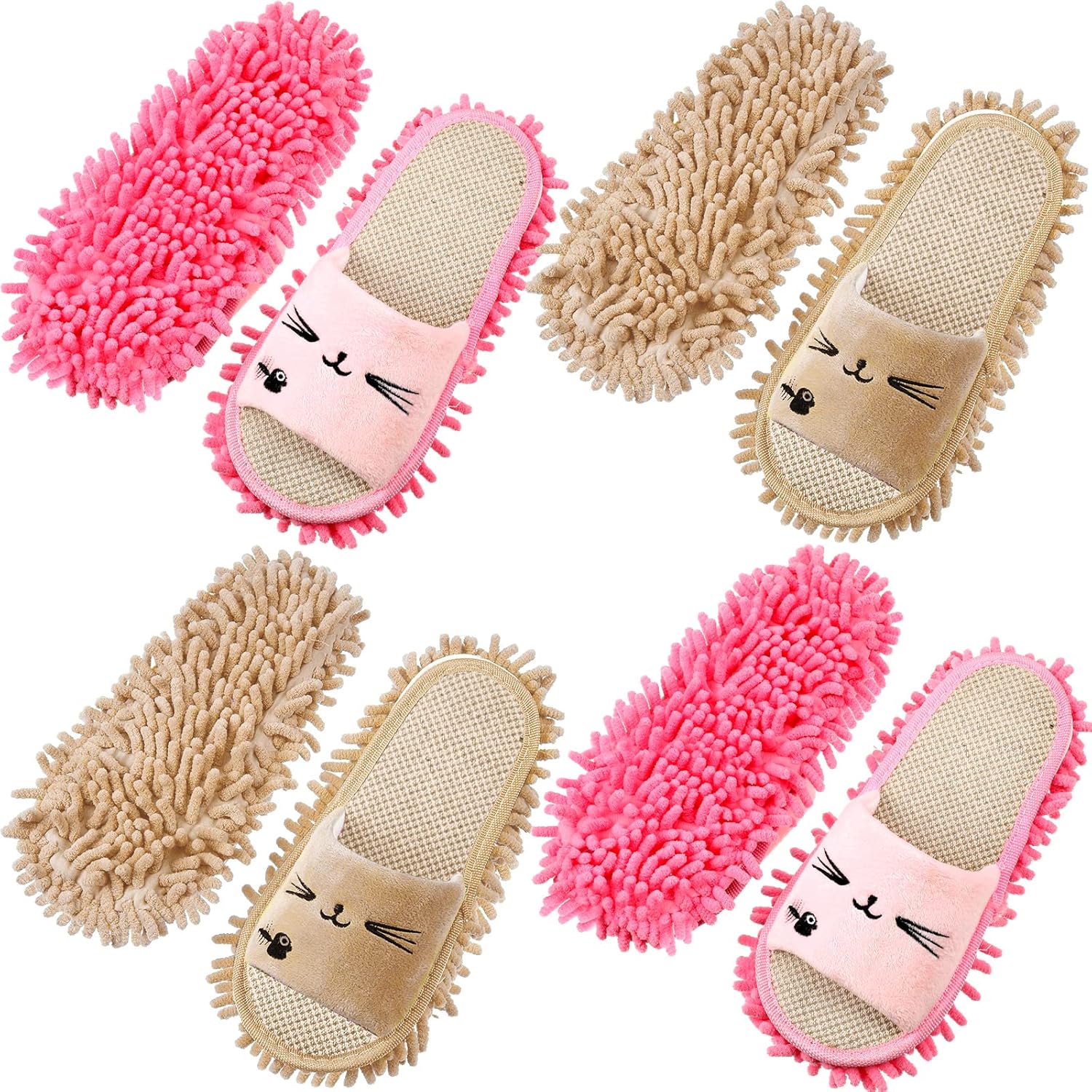 Wesiti 4 Pairs Washable Mop Slippers Microfiber Funny Mop Shoes Floor Cleaning Slippers for Women Home Floor(Novel,Pink, Nude)