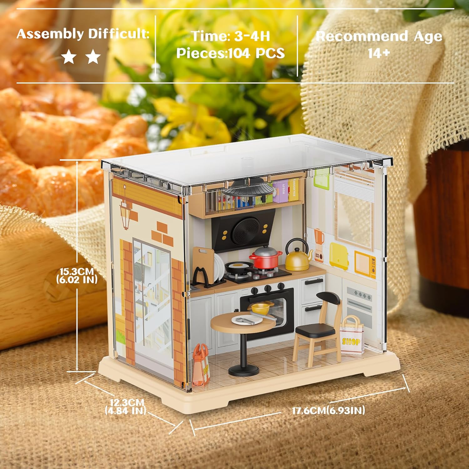 Kitchen Miniature House Kit, Mini Model Kits with Home Decor Furniture and LED, DIY Dollhouse Kit for Adults Teens to Build, Dollhouse for Mini Figures Decor, Gifts for Family, Friends