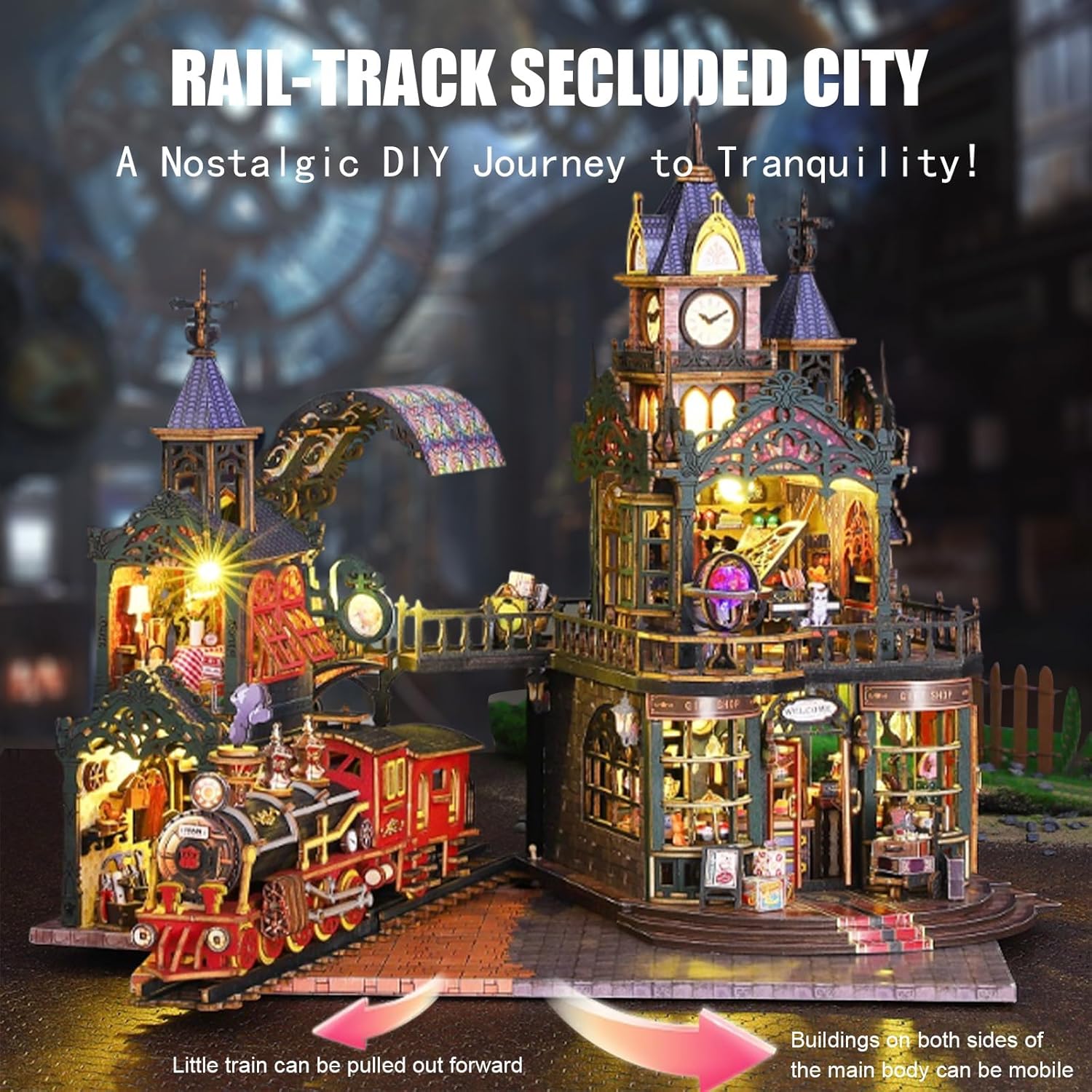 Miniature House Kit, Miniature Kit with Steam Train, Dollhouse Kit for Adults Teen, Mini House Building Kit for Birthday, Rail-Track Secluded City