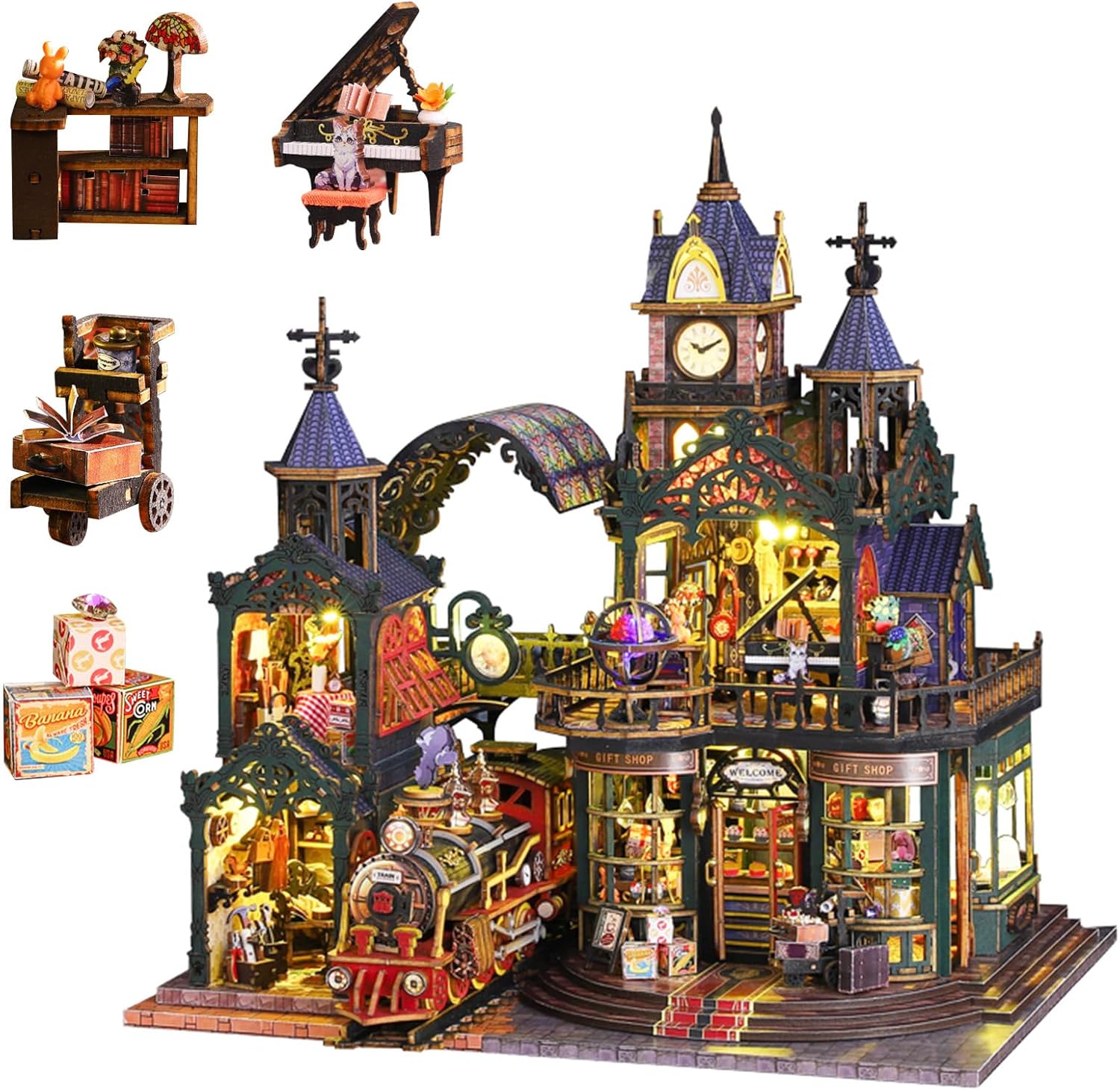 Miniature House Kit, Miniature Kit with Steam Train, Dollhouse Kit for Adults Teen, Mini House Building Kit for Birthday, Rail-Track Secluded City