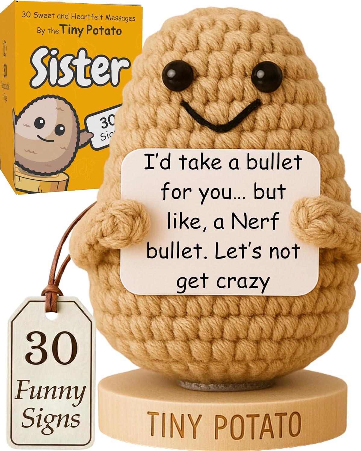 Funny Sister Birthday Gifts - Handmade Crochet Potato Doll with 30 Sassy Signs | Cute Big Sisters Presents for Women, Unique Sister Bday Gift from Brother, Little Sisters, Step Sis, in-Laws