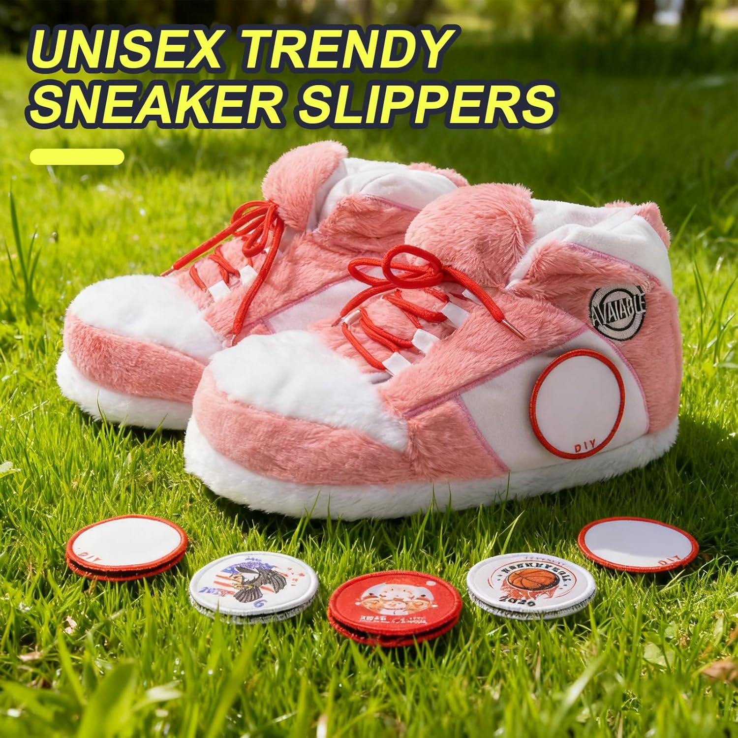 Sneaker Slippers, Funny Home Pantuflas for Women & Men Comfy Furry Warm Fluffy, Non Slip Sole, Unisex One Size Fits Most, With 5 Pairs Replaceable Decor Embroidered Patches