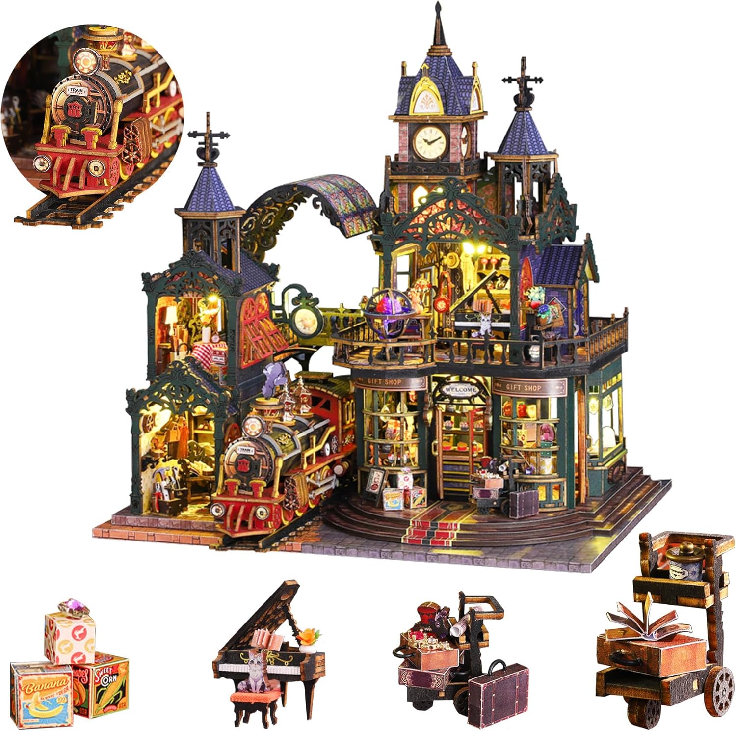 SUNNINO Miniature Dollhouse Kit, DIY Mini House Building Kits for Adults to Building with Furnitures Tiny House Bookshelf Decor Christmas Birthday Gifts for Family Lovers, Edinburgh Castle