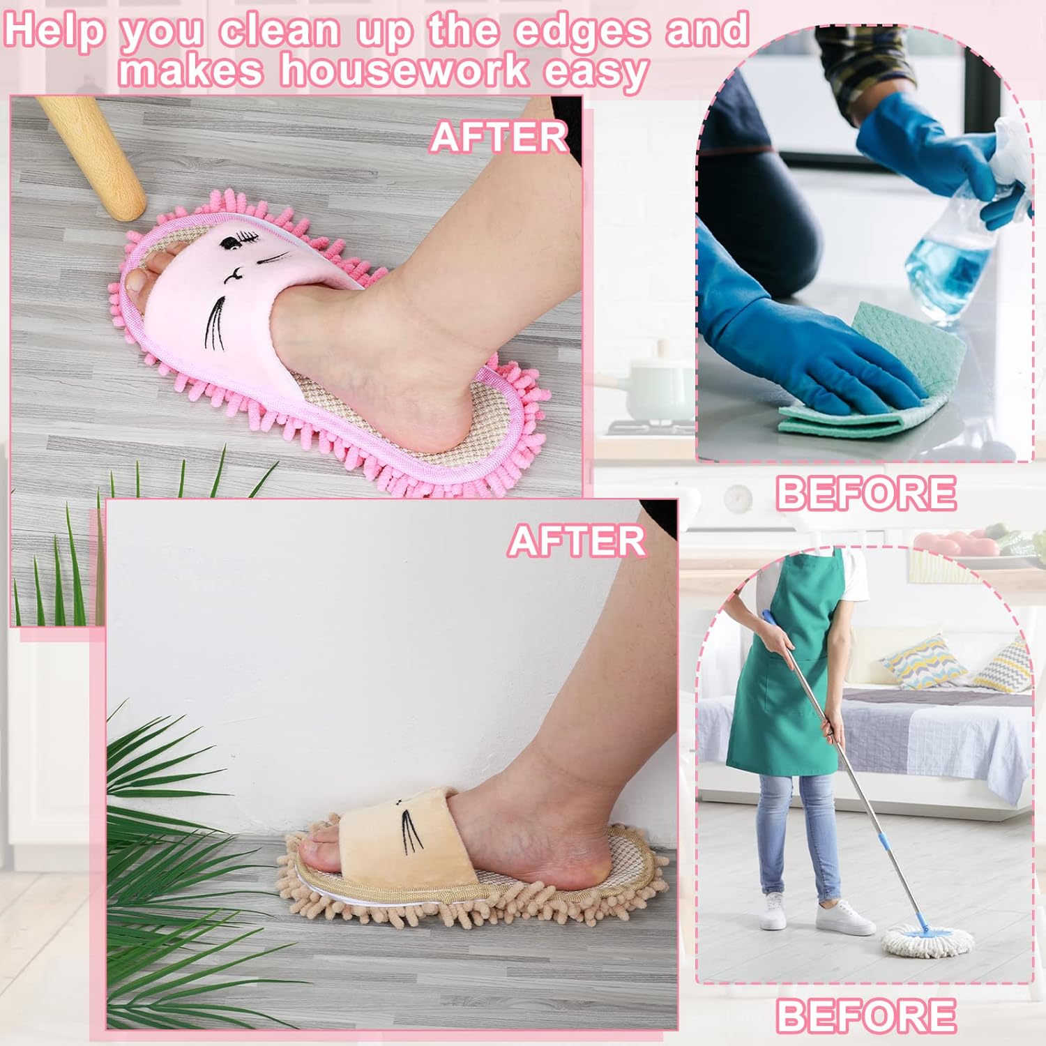Wesiti 4 Pairs Washable Mop Slippers Microfiber Funny Mop Shoes Floor Cleaning Slippers for Women Home Floor(Novel,Pink, Nude)