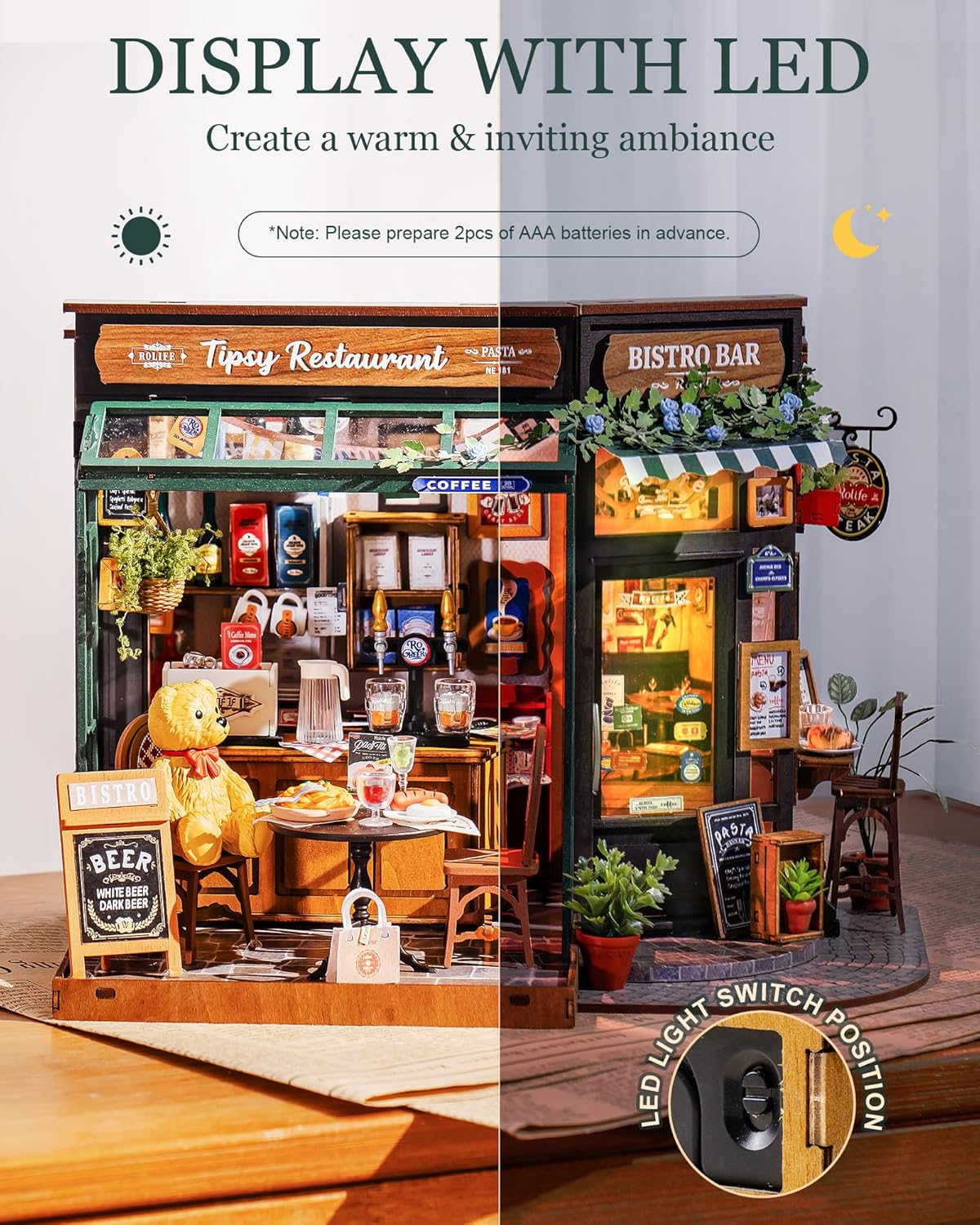 ROBOTIME DIY Tiny House Kit, Miniature House Kit for Adults to Build, Mini House Kit with Furniture, Halloween/Christmas/Birthday Gifts for Men/Women（Tipsy Restaurant）