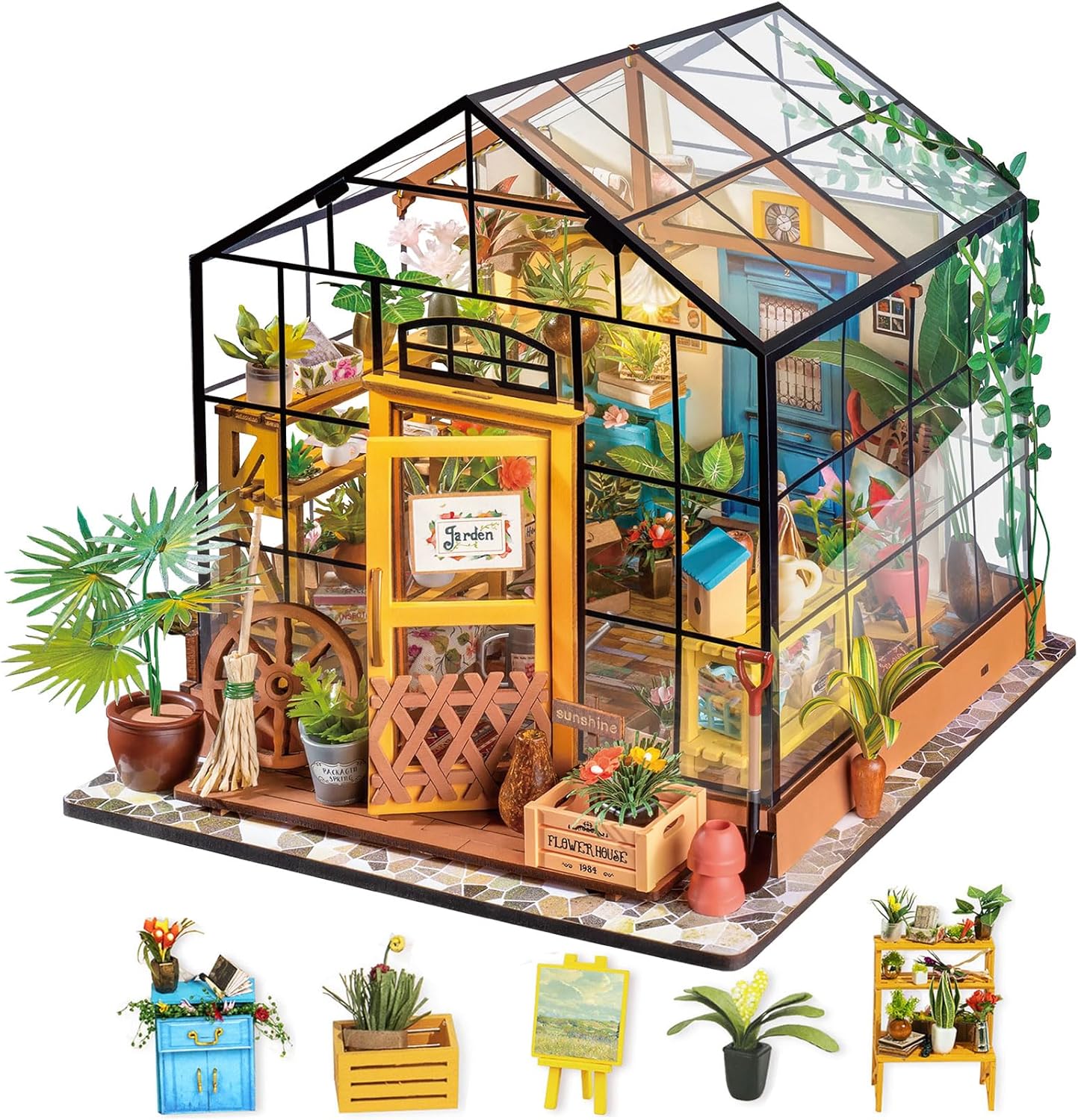 Rolife DIY Miniature House Kit-Mini Diorama 1/18 Greenhouse Dollhouse Building Kit with LED, Crafts for Adults Christmas Birthday Gift for Women Adults Dad Mom Home Decor (Cathy's Flower House)