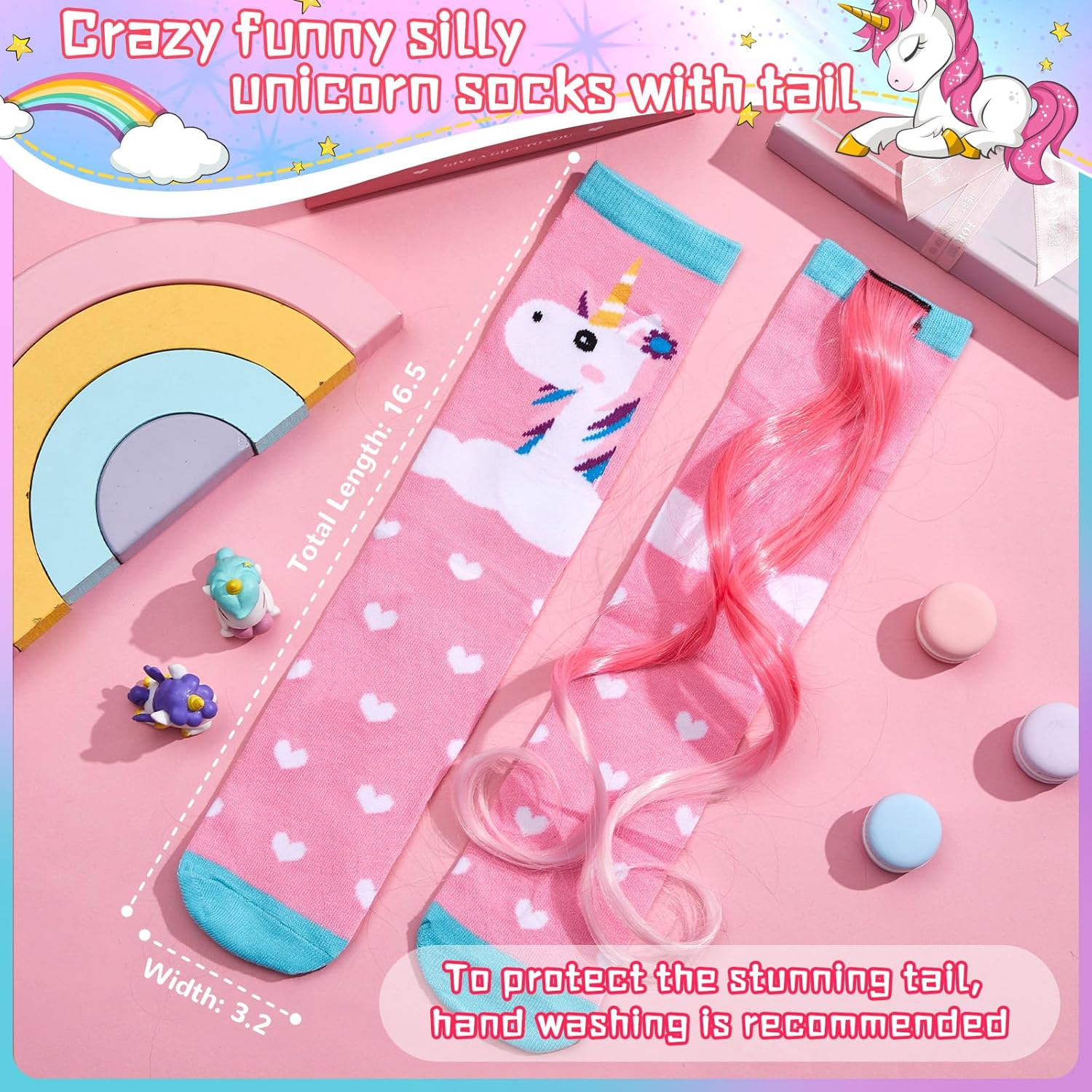 1 Pairs Crazy Fun Silly Wacky High Socks Unicorn Mermaid Socks with Wigs Gift for Kids Girls Woman