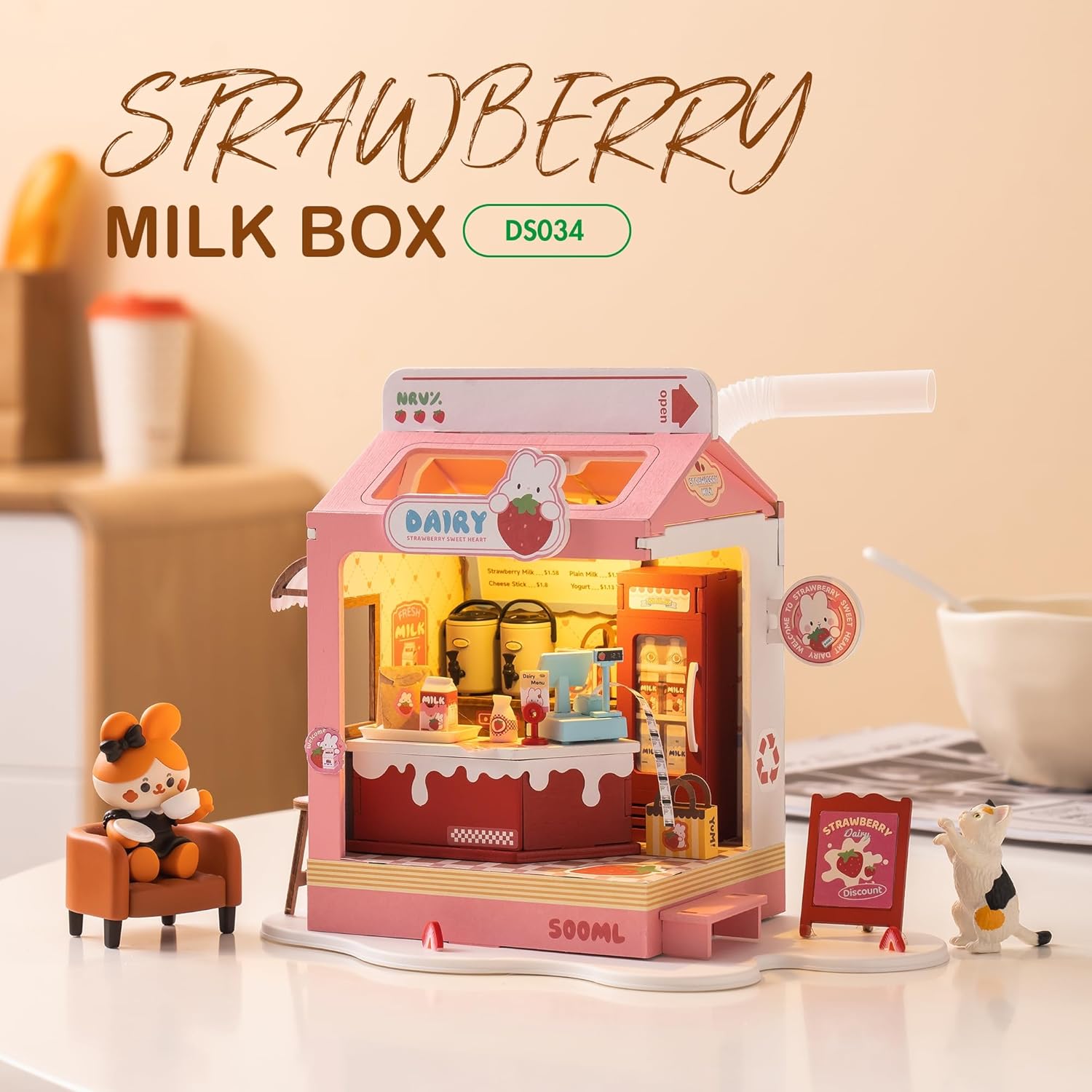 DIY Mini House Building Miniature Kit Milkbox, Miniverse Lifestyle Bookshelf Decoration, Cute Craft Kits for Women or Girls 14+, Kawaii Gifts Hobbies for Crafters (Strawberry Milkbox)