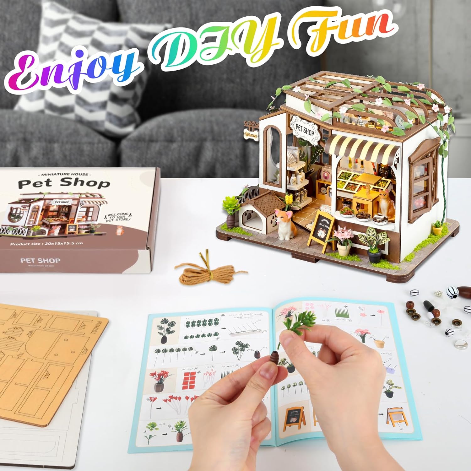 DIY Miniature House Kit,Tiny House Pet Shop with Furniture & LED,DIY Dollhouse Miniature Kit for Adults Teen,Mini House Building kit,3D Wooden Craft Mini Model Kit,Birthday Gifts Home Decor