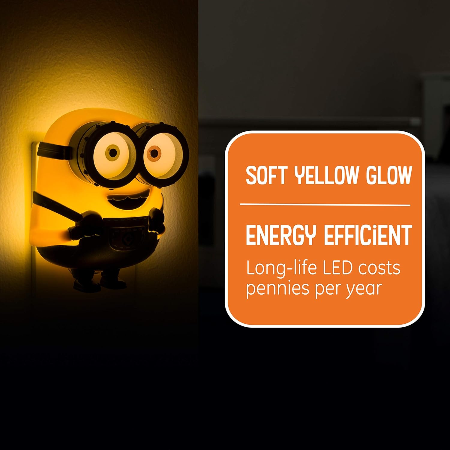 Minions: The Rise of Gru LED Night Light, Plug-in, Dusk to Dawn, UL-Listed, Yellow Glow, Despicable Me, Bob, Ideal for Kids Bedroom, Nursery, Bathroom, 43742