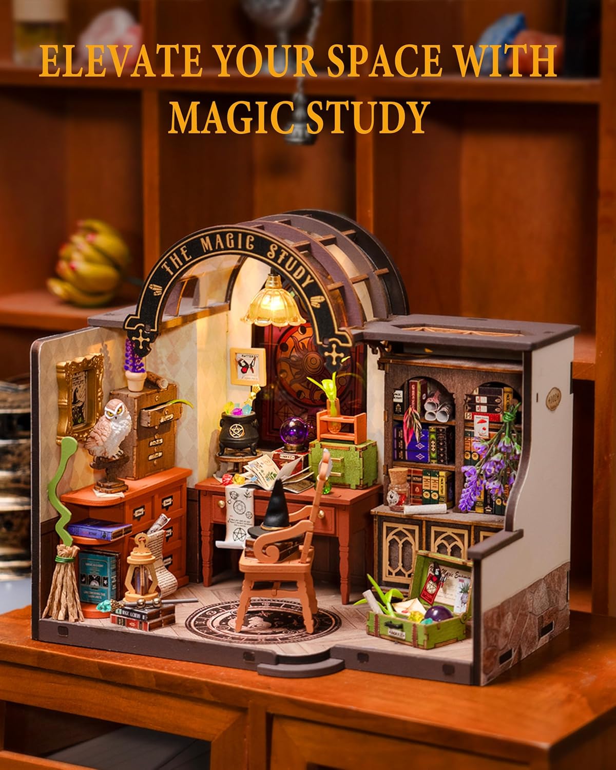 Rowood Magic Study Miniature House Kit, DIY Miniature Dollhouse Kits for Adults, Wizard Mini House Craft Kits for Women with LED, Halloween Christmas Birthday Gift for Adults (The Magic Study)
