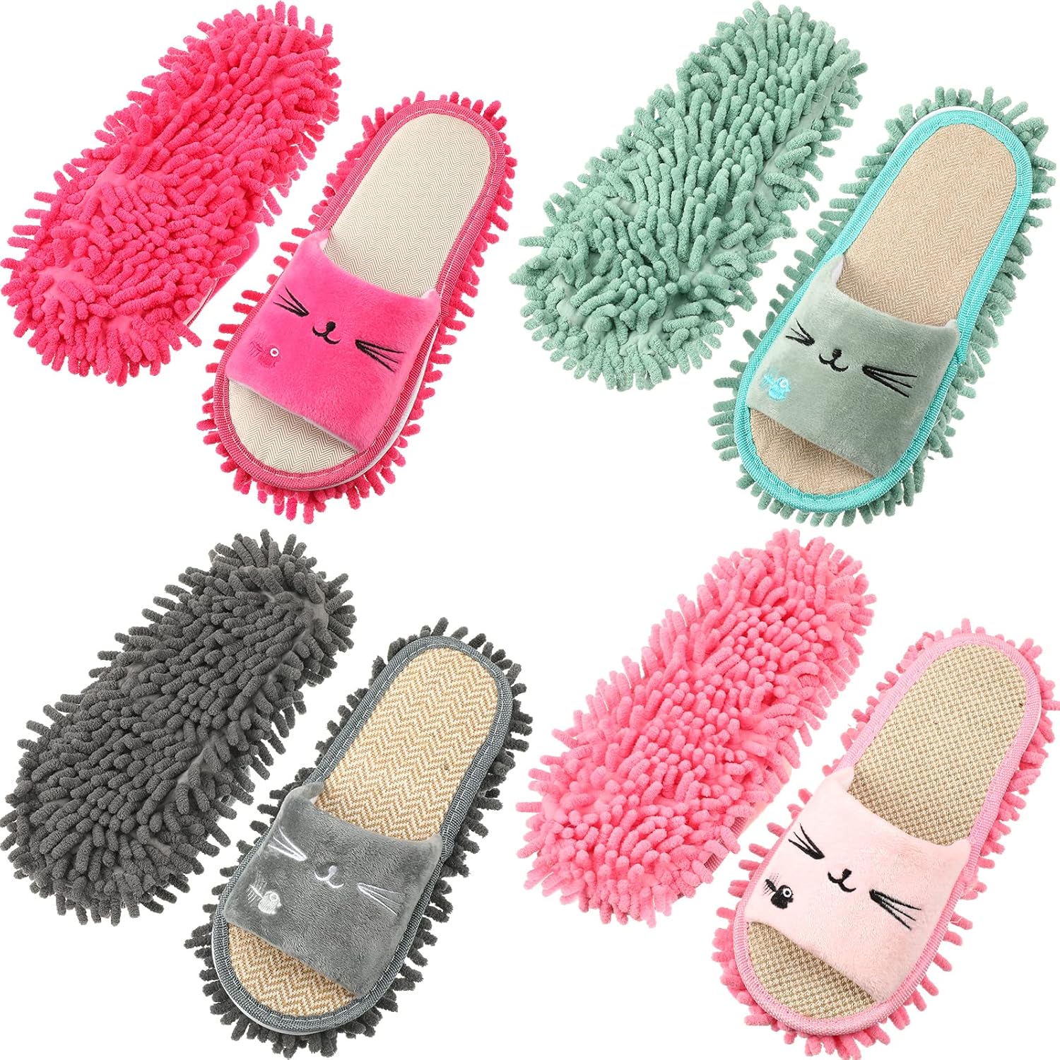 Wesiti 4 Pairs Washable Mop Slippers Microfiber Funny Mop Shoes Floor Cleaning Slippers for Women Home Floor