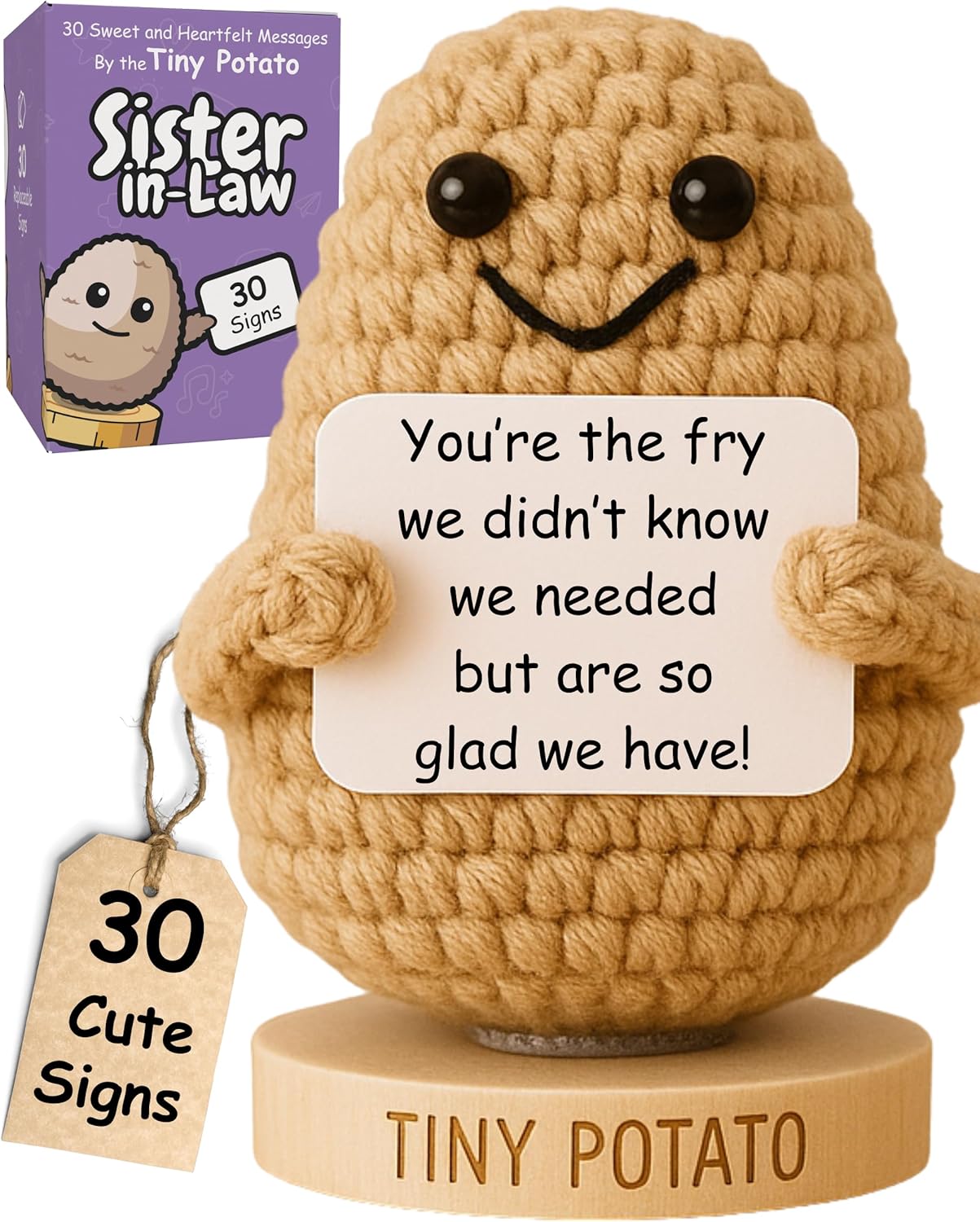 Funny Sister Birthday Gifts - Handmade Crochet Potato Doll with 30 Sassy Signs | Cute Big Sisters Presents for Women, Unique Sister Bday Gift from Brother, Little Sisters, Step Sis, in-Laws
