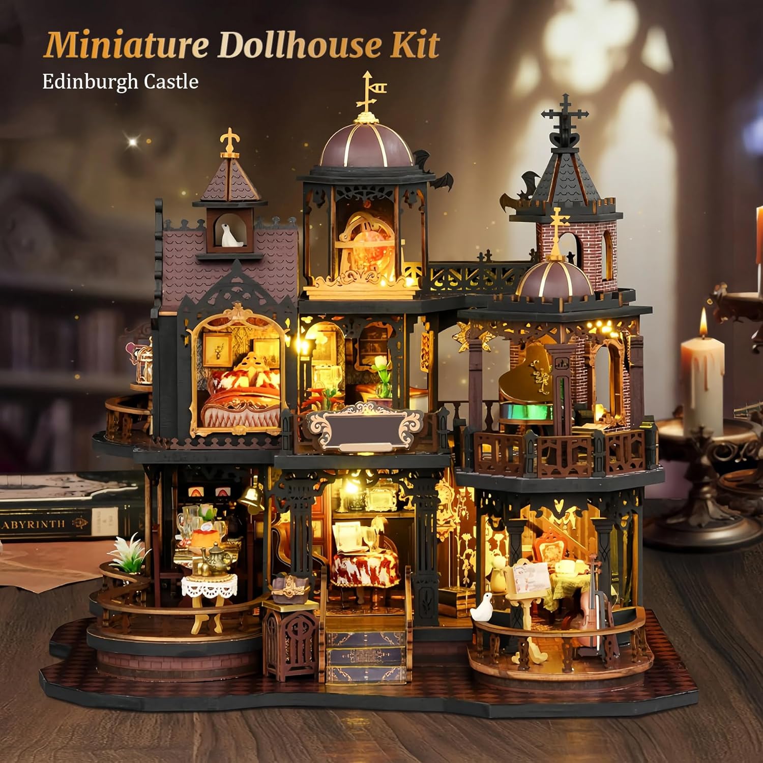 SUNNINO Miniature Dollhouse Kit, DIY Mini House Building Kits for Adults to Building with Furnitures Tiny House Bookshelf Decor Christmas Birthday Gifts for Family Lovers, Edinburgh Castle