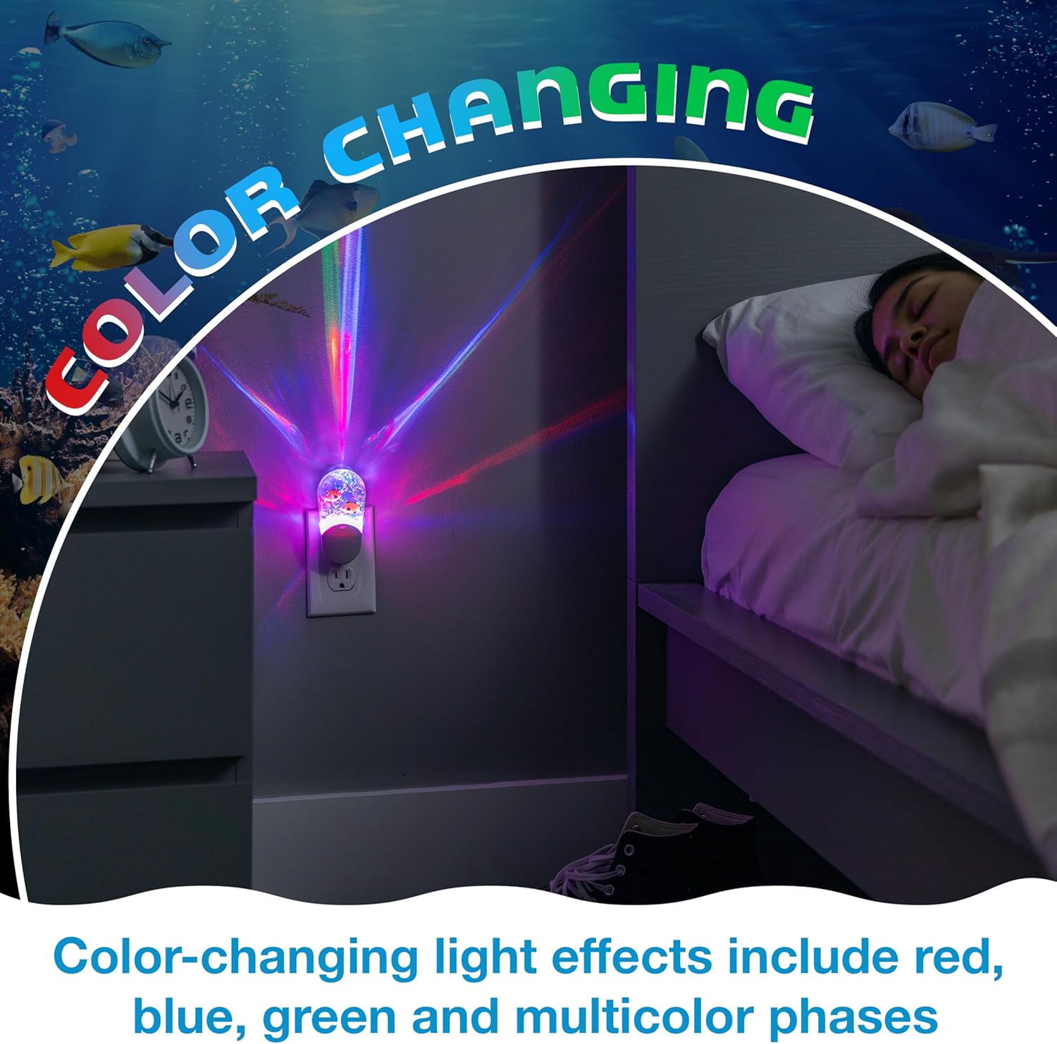 Lights By Night Tropical Aqualites LED Night, Plug-in, Color Changing, Light Sensing, Auto On/Off, for Kids, Under the sea, Fish, Bedroom, Bathroom, Playroom, 10908
