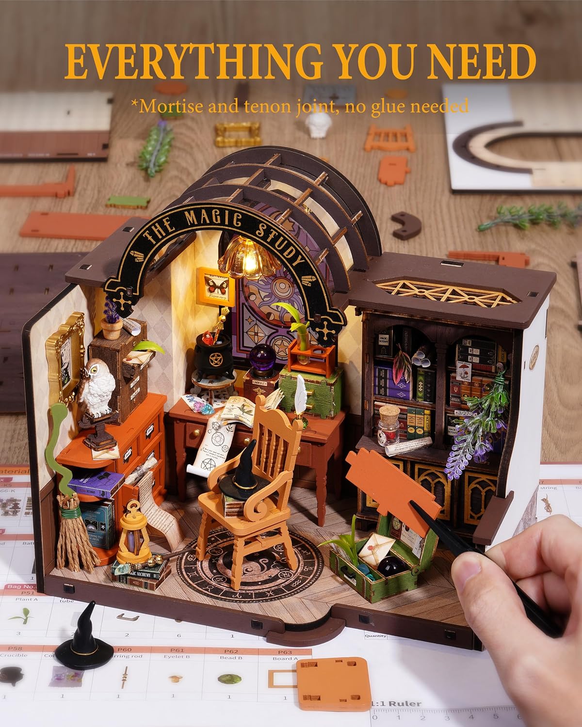 Rowood Magic Study Miniature House Kit, DIY Miniature Dollhouse Kits for Adults, Wizard Mini House Craft Kits for Women with LED, Halloween Christmas Birthday Gift for Adults (The Magic Study)