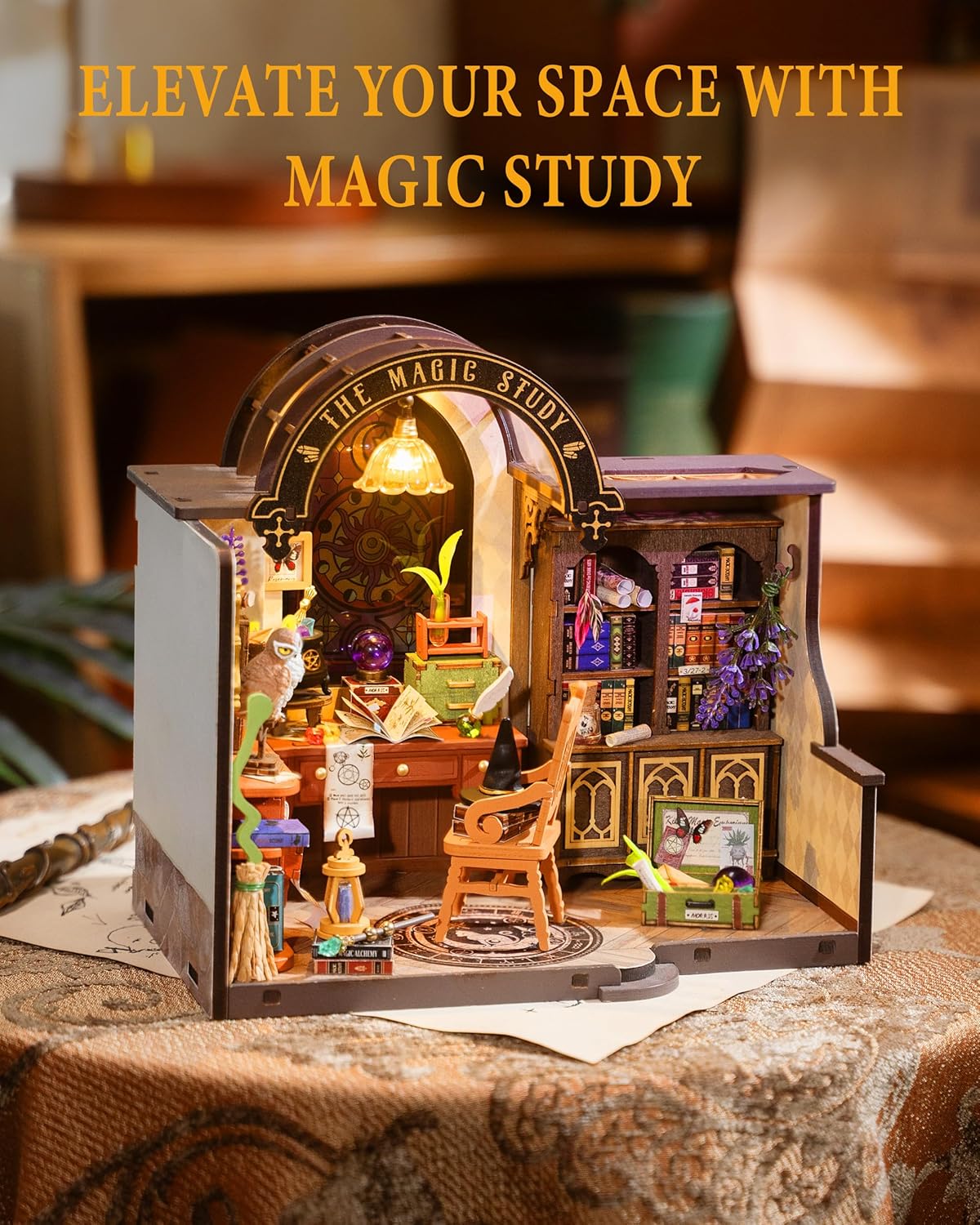 Rowood Magic Study Miniature House Kit, DIY Miniature Dollhouse Kits for Adults, Wizard Mini House Craft Kits for Women with LED, Halloween Christmas Birthday Gift for Adults (The Magic Study)